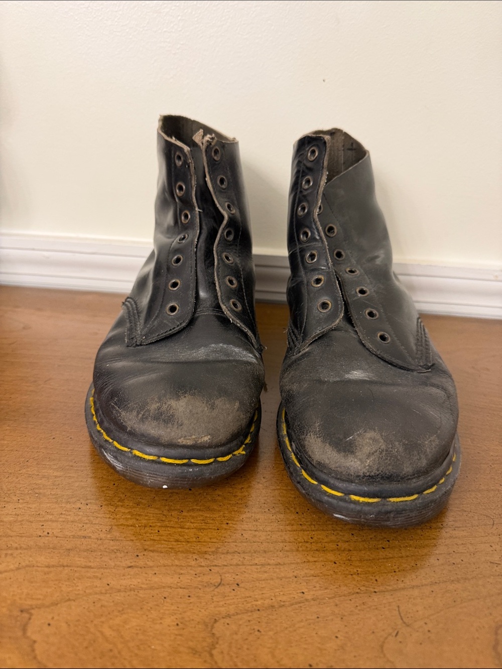 Dr. Martens Black Leather Lace-Up Boots with Yellow Stitching
